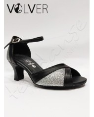 Scarpe da Ballo Donna Brill Argento Pelle Nera Suola Camoscio Tacco 50M