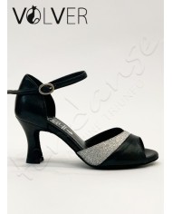 Scarpe da Ballo Donna Pelle Nera Brill Argento Suola Camoscio Tacco 70R