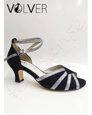 Scarpe da Ballo Donna Camoscio Nero Brill Argento Tacco 50M Suola Cuoio *OFFERTA*
