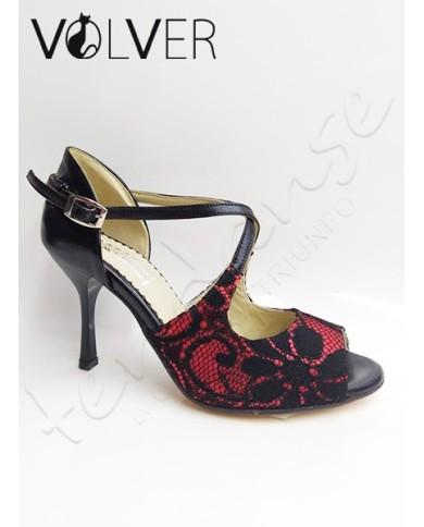 Scarpe da Ballo Donna Pelle Nera Merletto Rosso Suola Cuoio Tacco 80S ABS *OFFERTA*