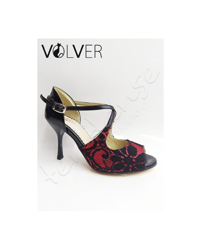 Scarpe da Ballo Donna Pelle Nera Merletto Rosso Suola Cuoio Tacco 80S ABS *OFFERTA*