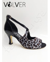 Scarpe da Ballo Donna Vernice Nera Maculato Grigio Suola Cuoio Tacco 70P