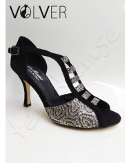 Scarpe da Ballo Camoscio Nero Onde Argento Suola Cuoio Tacco 90B